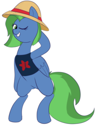 Size: 1345x1749 | Tagged: safe, artist:feralroku, oc, oc only, oc:sky cleaner, pegasus, pony, 2019 community collab, derpibooru community collaboration, bipedal, clothes, folded wings, hat, one eye closed, shirt, simple background, smiling, solo, straw hat, t-shirt, transparent background, wings, wink