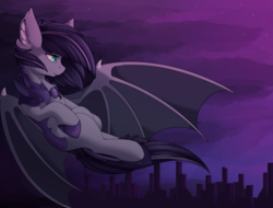 Size: 4208x3204 | Tagged: safe, artist:beardie, oc, oc only, bat pony, pony, armor, bat pony oc, bat wings, commission, ear fluff, female, flying, mare, sky, skyscraper, slit pupils, solo, spread wings, wing claws, wings