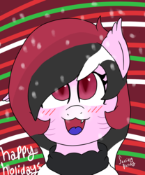 Size: 1250x1500 | Tagged: safe, artist:feelingpandy, oc, oc only, oc:rose thorn, bat pony, bat pony oc, blue tongue, blushing, clothes, female, looking up, mare, multicolored background, multicolored hair, open mouth, smiling, sweater, text, yule