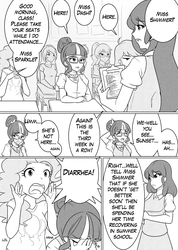 Size: 1280x1802 | Tagged: safe, artist:jonfawkes, cheerilee, pinkie pie, rainbow dash, sci-twi, twilight sparkle, oc, human, series:nightmare war, equestria girls, g4, comic, dialogue, facepalm, humanized, monochrome