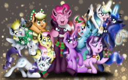 Size: 1280x800 | Tagged: safe, artist:valemjj, angel bunny, applejack, derpy hooves, fluttershy, pinkie pie, princess celestia, princess luna, rainbow dash, rarity, starlight glimmer, tempest shadow, twilight sparkle, alicorn, earth pony, pegasus, pony, unicorn, g4, bell, bell collar, blushing, christmas, clothes, collar, drunk, drunk luna, drunklestia, female, forced grin, group, holiday, holly, holly mistaken for mistletoe, lesbian, scarf, ship:tempestlight, shipping, this will end in pain, this will not end well, tongue out, twilight sparkle (alicorn), xmas2018