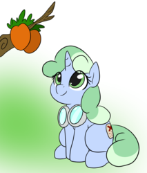 Size: 880x1034 | Tagged: safe, artist:dudey64, oc, oc only, oc:sweetwater, pony, unicorn, behaving like a cat, cute, eyes on the prize, female, filly, food, fruit, goggles, gradient background, happy, looking at something, mango, ocbetes, simple background, sitting, smiling, solo, tree branch