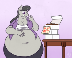 Size: 1250x1000 | Tagged: safe, artist:irateliterate, octavia melody, earth pony, anthro, g4, belly, belly button, big belly, breasts, donut, fat, fatavia, female, food, gritted teeth, hand on belly, implied vinyl scratch, mare, morbidly obese, note, obese, raised hand, temptation, wide hips