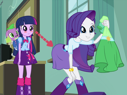 Size: 700x525 | Tagged: safe, edit, edited screencap, screencap, rarity, spike, twilight sparkle, dog, equestria girls, g4, my little pony equestria girls, eyes on the prize, spike the dog