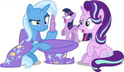 Size: 1547x900 | Tagged: safe, artist:0nautile18e26, artist:8-notes, artist:cheezedoodle96, artist:sketchmcreations, artist:tardifice, edit, editor:slayerbvc, vector edit, starlight glimmer, trixie, twilight sparkle, alicorn, pony, unicorn, g4, confused, detachable horn, female, horn, looking up, magic trick, mare, modular, out of trixie's hat, raised hoof, shocked, simple background, sitting, transparent background, trio, twilight sparkle (alicorn), vector, worried