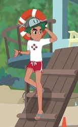 Size: 230x373 | Tagged: safe, screencap, timber spruce, equestria girls, g4, my little pony equestria girls: better together, turf war, arm behind head, arms, clothes, feet, legs, lifeguard timber, male, sandals, shorts