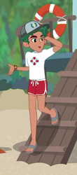 Size: 203x461 | Tagged: safe, screencap, timber spruce, equestria girls, g4, my little pony equestria girls: better together, turf war, arm behind head, arms, clothes, feet, legs, lifeguard timber, male, sandals, shorts