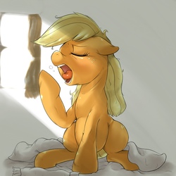 Size: 1536x1536 | Tagged: safe, artist:kurogewapony, applejack, earth pony, pony, g4, bed mane, eyes closed, female, freckles, mare, messy mane, morning ponies, open mouth, solo, waking up, yawn