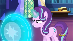 Size: 1280x720 | Tagged: safe, screencap, starlight glimmer, pony, unicorn, every little thing she does, g4, book, discovery family logo, female, glowing horn, horn, magic, mare, shield
