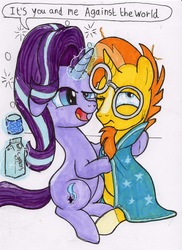Size: 3391x4669 | Tagged: safe, artist:stewart501st, starlight glimmer, sunburst, pony, unicorn, g4, dialogue, drunk, drunk bubbles, drunklight glimmer, eggnog, eyeroll, glowing horn, horn, one eye closed, open mouth, personal space invasion, speech bubble, traditional art