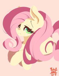 Size: 700x900 | Tagged: safe, artist:tohupo, fluttershy, pegasus, pony, g4, cute, female, hooves, lidded eyes, lineless, looking at you, mare, pink background, prone, simple background, solo, three quarter view