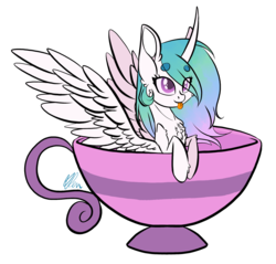 Size: 2308x2210 | Tagged: safe, artist:donnie-moon, princess celestia, alicorn, pony, g4, beanbrows, chest fluff, colored pupils, cup, cup of pony, curved horn, cute, cutelestia, eyebrows, female, high res, horn, mare, micro, simple background, solo, teacup, tiny, tiny ponies, tongue out, transparent background