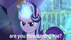 Size: 1352x760 | Tagged: safe, edit, edited screencap, editor:axal-5, screencap, starlight glimmer, trixie, g4, to where and back again, female, force field, solo focus, text, text edit, threatening, trixie's wagon