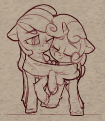Size: 862x999 | Tagged: safe, artist:yoditax, apple bloom, sweetie belle, pony, unicorn, g4, adorabloom, blushing, clothes, cute, diasweetes, eyes closed, female, filly, floppy ears, foal, lesbian, monochrome, one eye closed, raised hoof, scarf, shared clothing, shared scarf, ship:sweetiebloom, shipping, smiling, sweet dreams fuel