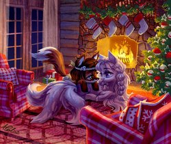 Size: 2067x1743 | Tagged: safe, artist:holivi, oc, oc only, earth pony, fox, fox pony, hybrid, kitsune, kitsune pony, original species, pony, g4, christmas, christmas tree, commission, cottagecore, cuddling, eye contact, female, fireplace, holiday, lesbian, looking at each other, mare, multiple tails, oc x oc, prone, shipping, smiling, tree