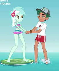 Size: 463x562 | Tagged: safe, screencap, lyra heartstrings, timber spruce, equestria girls, equestria girls series, g4, turf war, barefoot, cap, clothes, cropped, feet, female, hat, legs, lifeguard timber, lyra heartstrings swimsuit, male, shipping fuel, sleeveless, smiling, swimsuit, timberstrings