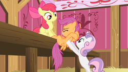 Size: 1280x720 | Tagged: safe, screencap, apple bloom, scootaloo, sweetie belle, pony, flight to the finish, g4, cutie mark crusaders