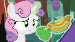Size: 1280x720 | Tagged: safe, screencap, sweetie belle, fly-der, pony, unicorn, campfire tales, g4, carrot, carrot dog, disgusted, female, filly, foal, food, hot dog, magic, magic aura, solo, telekinesis