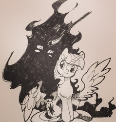 Size: 540x568 | Tagged: dead source, safe, artist:tingsan, king sombra, twilight sparkle, alicorn, pony, umbrum, g4, black and white, female, grayscale, male, monochrome, ship:twibra, shipping, straight, traditional art, twilight sparkle (alicorn)