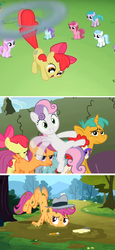 Size: 544x1180 | Tagged: safe, screencap, apple bloom, scootaloo, sweetie belle, earth pony, pony, g4, ponyville confidential, the cutie pox, the return of harmony, applecopter, cutie mark crusaders, loop-de-hoop, mud, scootaloo can't fly