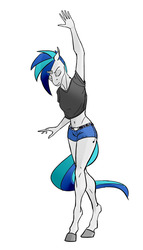 Size: 1098x1920 | Tagged: safe, artist:akweer, dj pon-3, vinyl scratch, unicorn, anthro, unguligrade anthro, g4, belly button, clothes, eyes closed, female, midriff, pose, shirt, shorts, simple background, solo, t-shirt, white background