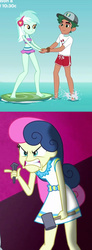 Size: 463x1258 | Tagged: safe, edit, edited screencap, screencap, bon bon, lyra heartstrings, sweetie drops, timber spruce, all's fair in love & friendship games, equestria girls, g4, my little pony equestria girls: better together, turf war, angry, clothes, comparison, female, lifeguard timber, lyra heartstrings swimsuit, male, out of context, swimsuit, timberstrings