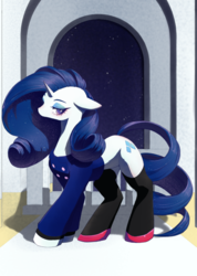 Size: 568x800 | Tagged: safe, artist:unousaya, rarity, pony, unicorn, g4, clothes, female, floppy ears, mare, night, shoes, socks, solo, stars, thigh highs