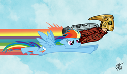Size: 1280x745 | Tagged: safe, artist:unclescooter, rainbow dash, human, g4, cliff secord, crossover, flying, jetpack, the rocketeer, the rocketeer: the complete adventures