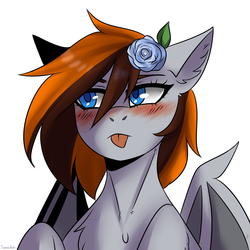 Size: 2300x2300 | Tagged: safe, artist:serodart, oc, oc only, bat pony, pony, bat pony oc, ear fluff, flower, flower in hair, high res, rose, shy, solo, tongue out