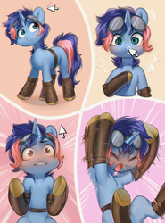 Size: 2901x3921 | Tagged: safe, artist:aphphphphp, oc, oc only, oc:ryo, pony, unicorn, armpits, belt, blushing, boop, boots, comic, cursor, cute, digital art, female, goggles, high res, mare, shoes, solo