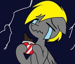 Size: 482x410 | Tagged: safe, artist:pencil bolt, oc, oc only, oc:pencil bolt, pegasus, pony, chocolate, crying, delicious, food, lightning, male, sad, solo, thunder