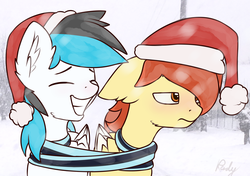 Size: 2348x1655 | Tagged: safe, artist:renderpoint, oc, oc:render point, oc:turquoise splash, pony, christmas, clothes, duo, hat, holiday, santa hat, scarf, shared clothing, shared scarf, snow