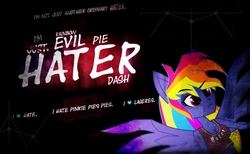 Size: 1710x1055 | Tagged: safe, artist:galacticflashd, rainbow dash, equestria girls, g4, secrets and pies, clothes, evil pie hater dash, implied pinkie pie, text, wallpaper
