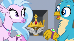 Size: 1280x720 | Tagged: safe, screencap, gallus, silverstream, classical hippogriff, griffon, hippogriff, a matter of principals, g4, checkmate, crown, crown of grover, cute, diastreamies, duo, female, gallabetes, jewelry, male, necklace, regalia