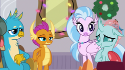 Size: 1280x720 | Tagged: safe, screencap, gallus, ocellus, silverstream, smolder, yona, changedling, changeling, dragon, griffon, hippogriff, yak, g4, the hearth's warming club, cute, diaocelles, diastreamies, dragoness, embarrassed, female, gallabetes, male, smolderbetes