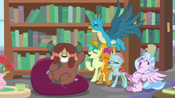 Size: 1280x720 | Tagged: safe, screencap, gallus, ocellus, sandbar, silverstream, smolder, yona, changedling, changeling, classical hippogriff, dragon, earth pony, griffon, hippogriff, pony, yak, g4, what lies beneath, book, bookshelf, bow, claws, cloven hooves, colored hooves, dragoness, eyes closed, female, hair bow, jewelry, laughing, male, monkey swings, necklace, student six, teenager