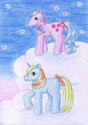 Size: 800x1137 | Tagged: safe, artist:normaleeinsane, buttons (g1), ribbon (g1), g1, bow, duo, tail, tail bow, traditional art