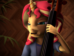 Size: 2880x2160 | Tagged: safe, artist:imafutureguitarhero, derpibooru exclusive, sunset shimmer, unicorn, anthro, equestria girls, g4, 3d, 4:3, clothes, colored eyebrows, double bass, female, freckles, high res, jacket, jay leonhart, mare, meme, musical instrument, open mouth, peppered bacon, plant, shirt, solo, source filmmaker, squint, wall