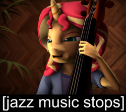 Size: 2880x2560 | Tagged: safe, alternate version, artist:imafutureguitarhero, derpibooru exclusive, sunset shimmer, unicorn, anthro, equestria girls, g4, 3d, clothes, colored eyebrows, double bass, female, freckles, high res, jacket, jay leonhart, jazz music stops, mare, meme, musical instrument, open mouth, peppered bacon, plant, shirt, solo, source filmmaker, squint, text, wall