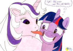 Size: 1920x1361 | Tagged: safe, artist:moon flower, derpibooru exclusive, twilight, twilight sparkle, alicorn, pony, unicorn, g1, g4, 2018, 35th anniversary, colored, colored pencil drawing, dialogue, duo, duo female, english, face licking, female, forced smile, front view, generational ponidox, grin, gritted teeth, horses doing horse things, licking, looking at each other, mare, monologue, nervous, open mouth, pencil drawing, simple background, smiling, standing, thought bubble, tongue out, traditional art, white background, wide eyes