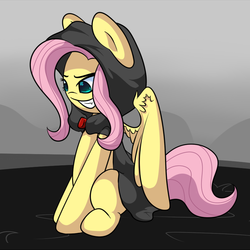Size: 800x800 | Tagged: source needed, safe, artist:flailingandflailing, fluttershy, pony, g4, clothes, female, sitting, solo