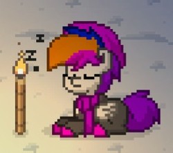 Size: 263x232 | Tagged: safe, oc, oc:lila love, pegasus, pony, pony town, beanie, clothes, colored hooves, hat, pixel art, prone, scarf, sleeping, zzz