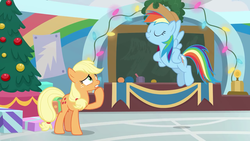Size: 1280x720 | Tagged: safe, screencap, applejack, rainbow dash, earth pony, pegasus, pony, best gift ever, g4, hearth's warming shorts, triple pony dare ya, accessory theft, applejack's hat, cowboy hat, duo, duo female, eyes closed, female, flying, forthright filly, hat, hatless, hooves on hips, mare, missing accessory