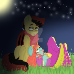 Size: 1024x1024 | Tagged: safe, artist:creativechibigraphic, oc, oc only, oc:elonrie, oc:little lynx, bat pony, pony, clothes, dress, glasses, jewelry, lying in grass, moon, night, scarf, silly, stars, tiara, tongue out