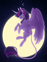 Size: 800x1035 | Tagged: source needed, safe, artist:teatimejess, twilight sparkle, alicorn, classical unicorn, pony, unicorn, g4, cloven hooves, crying, curved horn, eyes closed, female, full moon, horn, leonine tail, moon, solo, twilight sparkle (alicorn), unshorn fetlocks