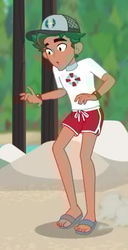 Size: 251x492 | Tagged: safe, screencap, timber spruce, equestria girls, equestria girls series, g4, turf war, cap, clothes, cropped, feet, hat, legs, lifeguard timber, male, sandals, shorts, solo