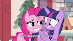 Size: 1280x720 | Tagged: safe, screencap, pinkie pie, twilight sparkle, alicorn, pony, best gift ever, g4, hearth's warming shorts, the great escape room, chinese, out of context, raised eyebrow, twilight sparkle (alicorn)
