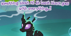 Size: 366x187 | Tagged: safe, edit, edited screencap, gameloft, screencap, sclerite, changedling, changeling, g4, to change a changeling, advertisement, background changeling, black paint, meme, wow! glimmer