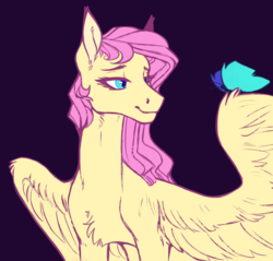Size: 1962x1878 | Tagged: safe, artist:eeelt, fluttershy, butterfly, insect, pegasus, pony, g4, bust, butterfly wings, chest fluff, female, hoers, lidded eyes, looking at something, mare, purple background, simple background, sitting on wing, smiling, solo, spread wings, wings