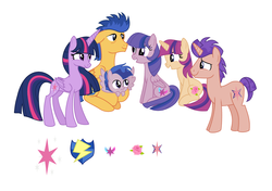 Size: 3227x2267 | Tagged: safe, artist:twilightcraft, flash sentry, twilight sparkle, oc, oc:fast ray, oc:magic star, oc:rose sparkle, oc:star sentry, alicorn, pegasus, pony, unicorn, g4, baby, baby pony, cutie mark, family, female, foal, folded wings, high res, horn, male, mama twilight, mare, next generation, offspring, older, older twilight, parent, parent:flash sentry, parent:twilight sparkle, parents:flashlight, ship:flashlight, shipping, simple background, spread wings, stallion, straight, twilight sparkle (alicorn), white background, wings